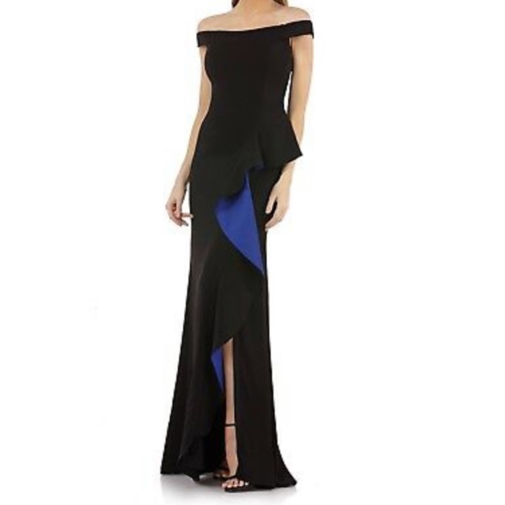 CARMEN MARC VALVO Black Cobalt Blue Off Shoulder Ruffle Crepe Mermaid Gown